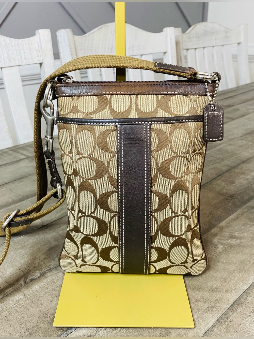 Vintage Coach Signature Stripe Swingpack Crossbody Bag Brown Jacquard Y2K